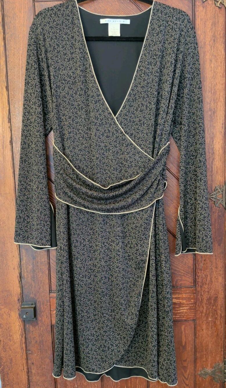 Max Studio V-Neck Wrap Midi Dress Black Tan Swirl Print Jersey Long Sleeve XL